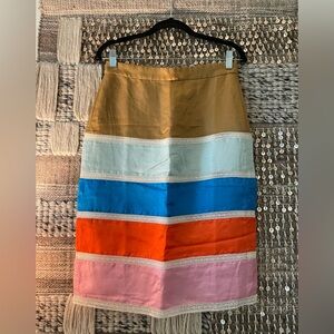 🧡 🩷 🩵 💛 🤍 NWT J. Crew Multicolor Striped Satin Pencil Skirt w lace detail